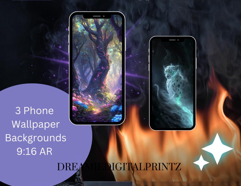 May include: Three phone wallpaper backgrounds in a 9:16 aspect ratio. The first background features a whimsical forest scene with a path leading through the trees. The second background features a white snow leopard with blue and white smoke behind it. The third background is a blurry image of a fire.
