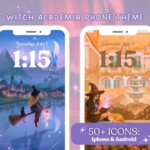 May include: Two mobile phone screens showcasing a "Witch Academia" theme. One features a witch on a broom, the other a witch reading. Both screens display "Tuesday July 1, 1:15". A banner reads "50+ ICONS: iPhone & Android".