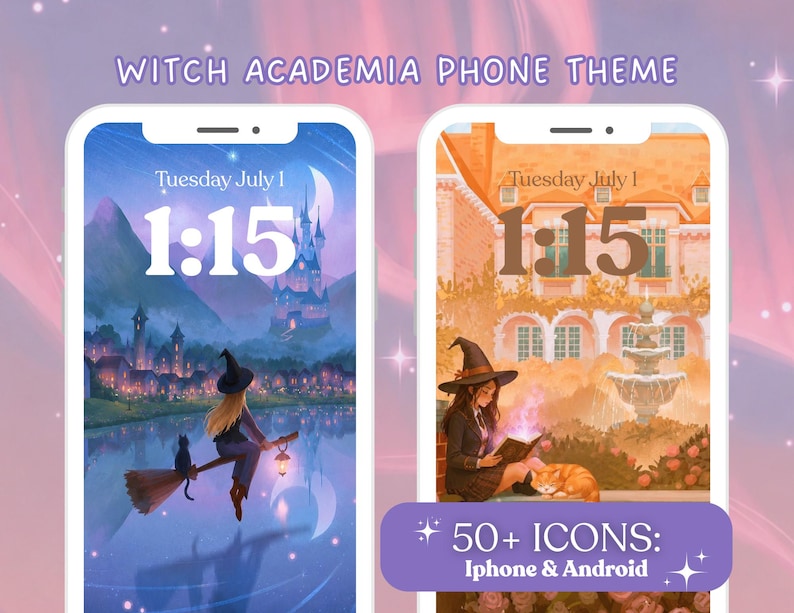 May include: Two mobile phone screens showcasing a "Witch Academia" theme. One features a witch on a broom, the other a witch reading. Both screens display "Tuesday July 1, 1:15". A banner reads "50+ ICONS: iPhone & Android".