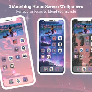 May include: Three smartphones showing matching home screen wallpapers. Each phone has a witch on a broomstick over a lake, with app icons. The text reads "3 Matching Home Screen Wallpapers" and "Perfect for Icons to blend seamlessly."