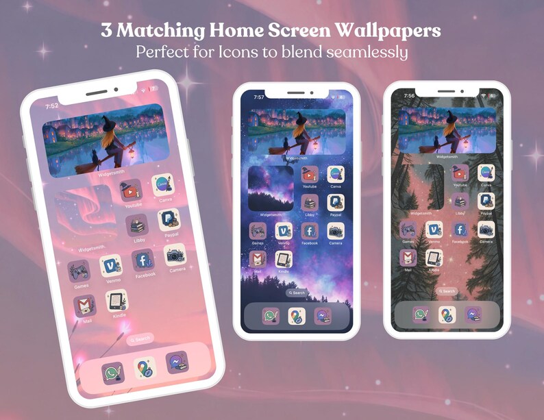May include: Three smartphones showing matching home screen wallpapers. Each phone has a witch on a broomstick over a lake, with app icons. The text reads "3 Matching Home Screen Wallpapers" and "Perfect for Icons to blend seamlessly."