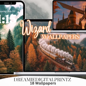 Pode incluir: Uma coleção de papéis de parede digitais exibidos em um telefone, tablet e laptop. Os papéis de parede apresentam paisagens, um trem e um castelo. As palavras "Wizard Wallpapers" e "DREAMIEDIGITALPRINTZ 18 Wallpapers" também são visíveis.