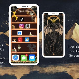 Puede incluir: Dos pantallas de smartphone que muestran un tema a juego. Una muestra una estanter&iacute;a con iconos de aplicaciones, la otra un dise&ntilde;o de drag&oacute;n. El texto dice "Works with IOS 18 to customize the book shelf" y "Lock Screen and Home Screen Pair".