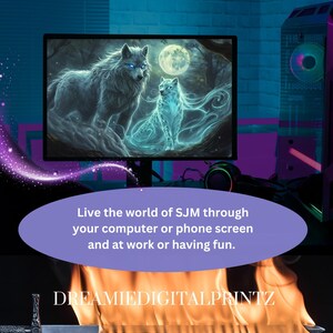 May include: A digital illustration of two white wolves with blue eyes, one standing and one sitting, in a dark forest setting with a full moon. The image is displayed on a computer monitor with a text overlay that reads "Live the world of SJM through your computer or phone screen and at work or having fun. DREAMIEDIGITALPRINTZ".