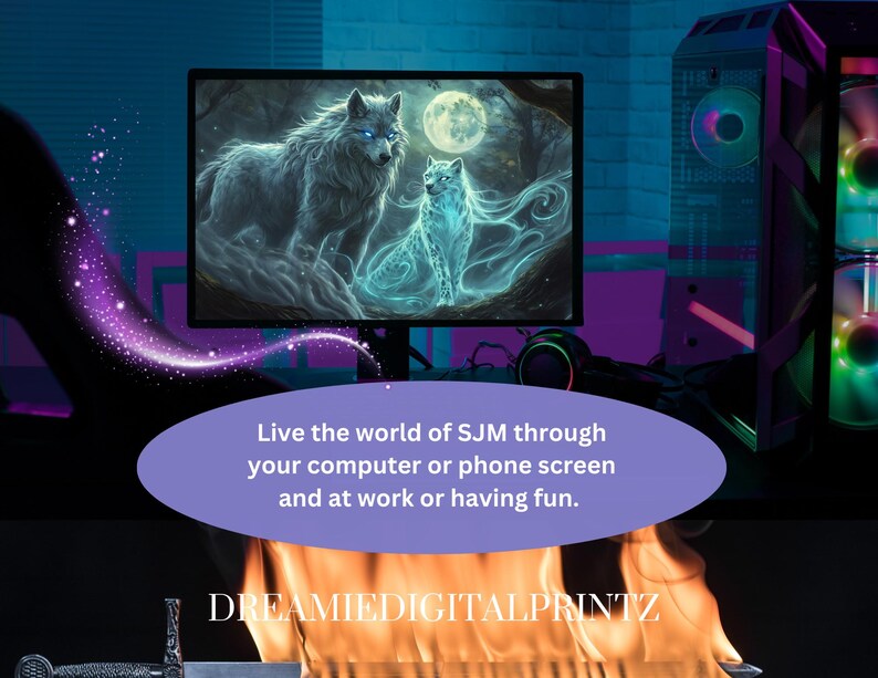May include: A digital illustration of two white wolves with blue eyes, one standing and one sitting, in a dark forest setting with a full moon. The image is displayed on a computer monitor with a text overlay that reads "Live the world of SJM through your computer or phone screen and at work or having fun. DREAMIEDIGITALPRINTZ".