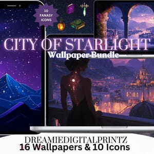 Könnte beinhalten: Eine digitale Illustration einer Stadt bei Nacht mit einem violetten Himmel und Sternen. Die Stadt ist mit Lichtern beleuchtet und es gibt Gebäude und Türme. Der Text "CITY OF STARLIGHT Wallpaper Bundle" befindet sich oben im Bild. Der Text "DREAMIEDIGITALPRINTZ 16 Wallpapers & 10 Icons" befindet sich unten im Bild.