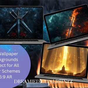 May include: Thirteen 16:9 aspect ratio digital wallpaper backgrounds for computer screens. The backgrounds feature a variety of themes, including swords, fire, and light.