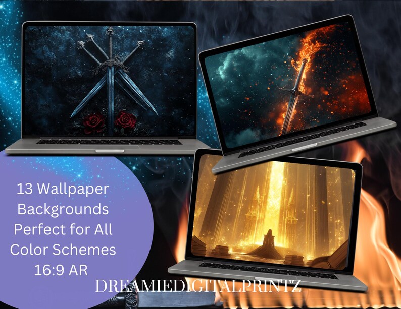 May include: Thirteen 16:9 aspect ratio digital wallpaper backgrounds for computer screens. The backgrounds feature a variety of themes, including swords, fire, and light.