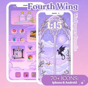 May include: Two smartphones displaying a Fourth Wing wallpaper bundle with purple themes. The screens feature icons of potions, swords, books, and dragons, alongside a lock screen showing a gothic archway, clouds, a crescent moon, and flying dragons.