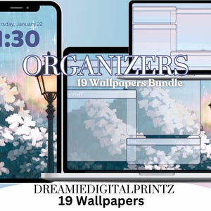 Puede incluir: Un paquete de arte digital con 19 fondos de pantalla con temática invernal. Los fondos de pantalla se muestran en un teléfono y una computadora portátil, mostrando un paisaje nevado con una farola. El texto "ORGANIZERS" y "19 Wallpapers Bundle" es visible.