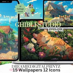 Ghibli Studio Cat CottageCore Wallpaper for Desktop, Windows Icons, Phone Wallpaper, Ghibli Movie, Pastel, Cute Wallpaper, Kawaii, Digital