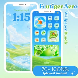 May include: Two smartphones displaying a Frutiger Aero theme. One shows a landscape wallpaper with a waterfall and the time 1:15. The other features app icons with a blue and green theme. Text reads "Wallpaper Bundle" and "70+ Icons: iPhone & Android."