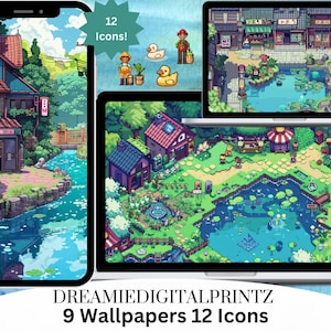 May include: A digital illustration of a charming village scene with a pond, houses, and trees. The image is divided into three sections, with a phone screen on the left, a laptop screen in the center, and a phone screen on the right. The image is part of a set of 9 wallpapers and 12 icons.