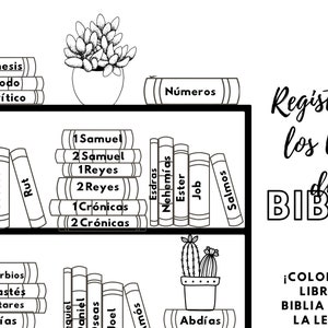 Op de afbeelding: Zwart-witte illustratie van een boekenkast met boeken die zijn gelabeld met de namen van boeken in de Bijbel. De titel "Registro de los libros de la BIBLIA" staat bovenaan de afbeelding. De tekst onder de afbeelding luidt "¡COLOREA CADA LIBRO DE LA BIBLIA MIENTRAS LA LEES PARA"