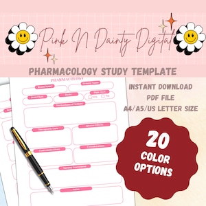 May include: A pink and white pharmacology study template with a black and gold pen. The template includes fields for brand name, drug class, route, and more. The text reads "Pharmacology Study Template" and "Instant Download PDF File A4/A5/US Letter Size".