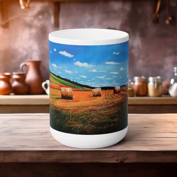 Country living Coffee mug gift Pennsylvania harvest farmhouse decor rolling hills blue sky realism art gift PA original fine artwork