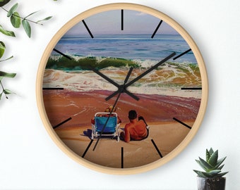 Romantic wall clock featuring couples summer vacation with a beach chair large waves big ocean w colorful sky  golden sand free shipping USA