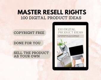 Może przedstawiać: Mockup produktu cyfrowego na ekranie tabletu. Ekran wyświetla dokument zatytułowany „100 pomysłów na produkty cyfrowe” z tekstem „Kompleksowa lista produktów, które możesz sprzedawać, aby zarobić dodatkowe pieniądze”. Tekst „Master Resell Rights” jest wyświetlany nad tabletem. Trzy przyciski są wyświetlane pod tabletem: „Copyright Free”, „Done For You” i „Sell the Product as Your Own".