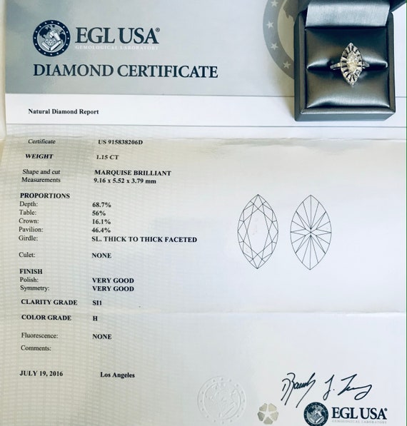 1.96 ct Vintage Marquise cut H SI1 Diamond Certif… - image 9