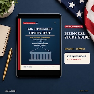 Puede incluir: Una tableta digital que muestra una guía de estudio para el examen de ciudadanía estadounidense con 128 preguntas y respuestas oficiales en inglés y español. La portada presenta un dibujo lineal blanco de un edificio y el texto Alina Mod.