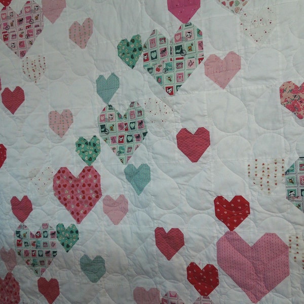 Handmade Hearts Throw Quilt: Pink, Red, Mint Valentine's Decor (66x68)