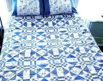 Handmade Blue White Patchwork Quilt Set: French Country Chicken Toile Bedding 83" x 87"