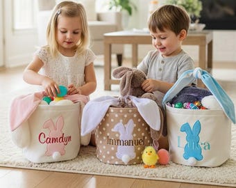 Canasta de Pascua personalizada, aplique de conejito de sirsaca, canasta de Pascua bordada con nombre, canasta de Pascua para niña y niño.