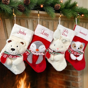 Calcetines bordados para niños, calcetines con nombre, calcetines para mascotas (gato y perro), calcetines familiares, calcetines de peluche para la primera Navidad con animales.