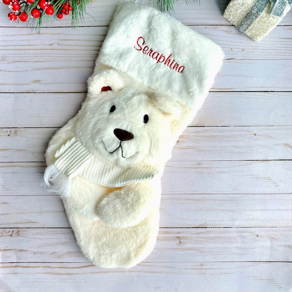 Christmas Stocking for kids, kids stocking, Teddy bear stocking, fluffy stocking, White faux fur Stocking, reindeer, penguin, fox, bear, 3D