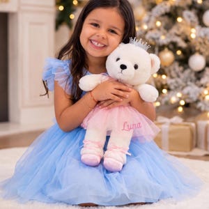 Ballerinadocka, danskonsert, present till flicka, personligt gosedjur i tutu, rosa kvarts hjärta och prinsessdiadem, balettpresent