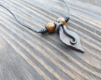 Hand forged iron leaf pendant necklace