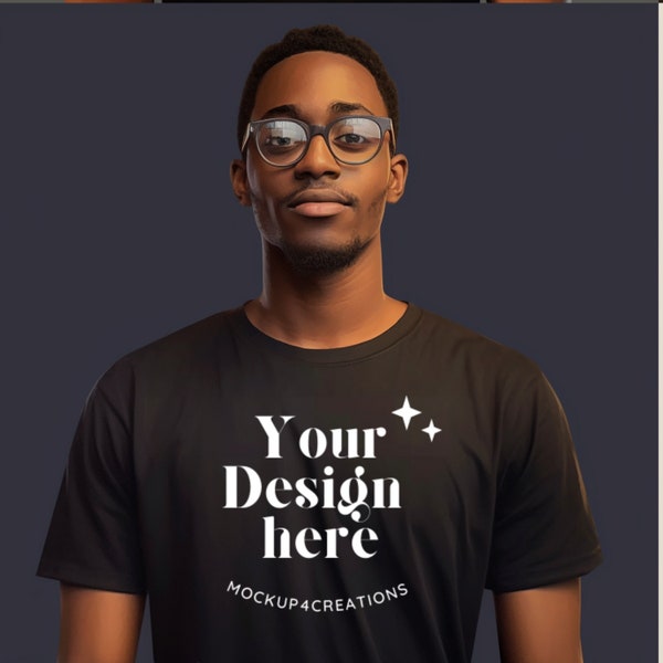 Black Bella Canva 3001 T-shirt Mockup, Black Men With Glasses Mockups, Student Mock, Id Foto Mock ups