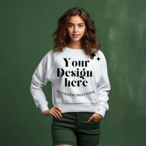 White Gildan 18000 Sweatshirt Mockup, Brunette Woman Sweatshirt Mockup