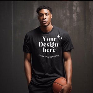 Black Bella Canva 3001 T-shirt Mockup, Black Men Basketball Sport T-shirt Mockup