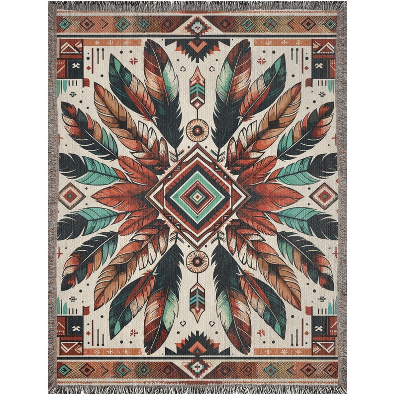 Boho Feather Woven Blanket Southwestern Tribal Throw, Geometric Native