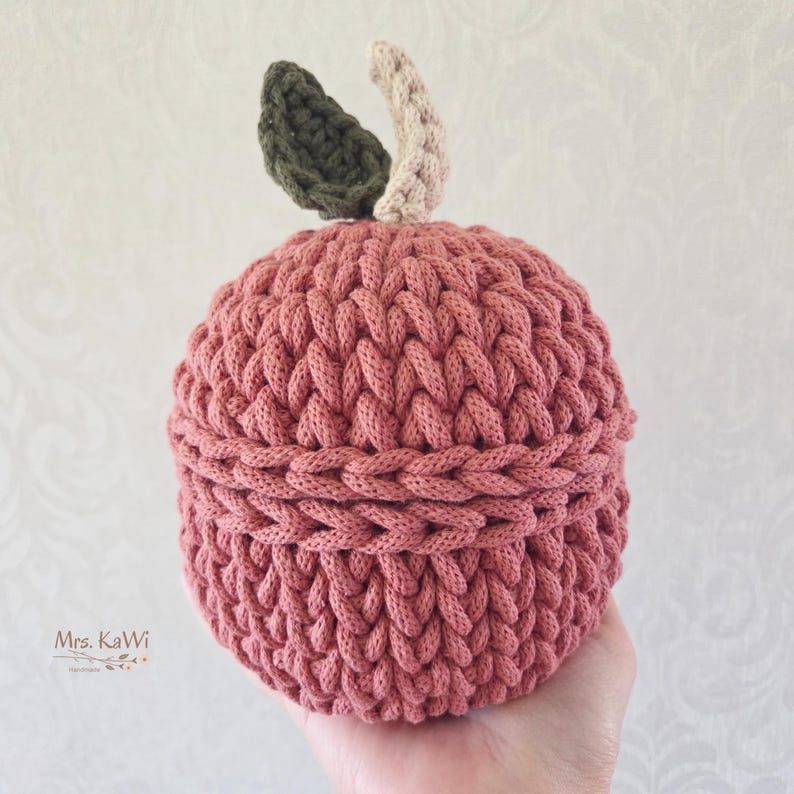 May include: A round, crocheted container in a dusty rose color, shaped like an apple. It features a textured, braided stitch pattern throughout the body and lid. On top, there is a small, dark olive green leaf and a light beige stem.