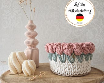 Crochet pattern for a rose basket – PDF German – Crochet basket – Rose pattern – DIY