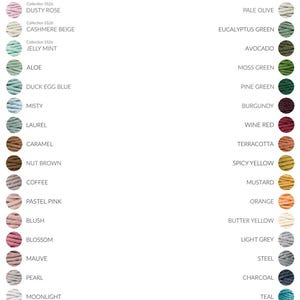 May include: A Bobbiny color card featuring two vertical columns of circular yarn samples in various colors. Each sample is labeled with its corresponding color name, including Canary Yellow, Jade Green, Aubergine, Midnight Dust, and many others.