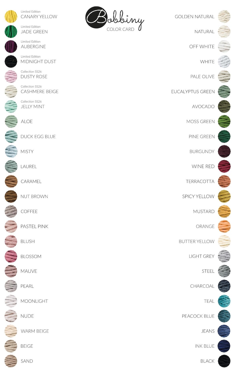 May include: A Bobbiny color card featuring two vertical columns of circular yarn samples in various colors. Each sample is labeled with its corresponding color name, including Canary Yellow, Jade Green, Aubergine, Midnight Dust, and many others.
