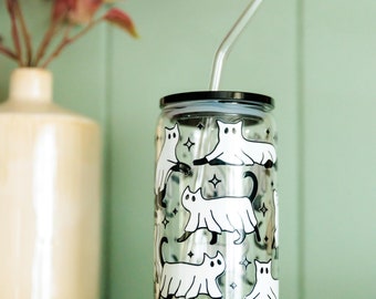 Ghost Cat Halloween Glass Cup: Iced Coffee Lover Gift