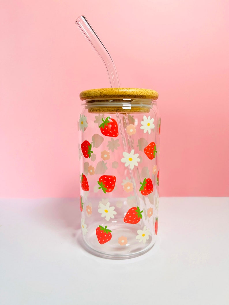 Strawberry Glass Cup,iced Coffee Glass, Cute Glass Cup,glass Straw With
