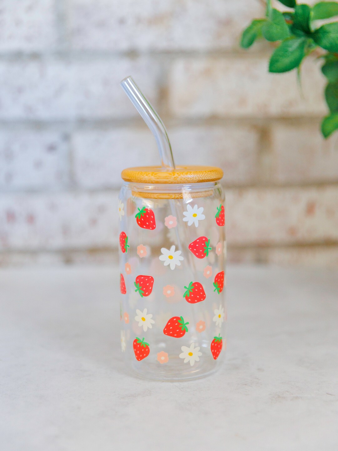 Strawberry Glass Cup,iced Coffee Glass, Cute Glass Cup,glass Straw With