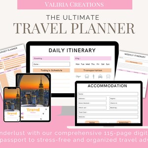 Op de afbeelding: Digitale reisplanner weergegeven op een computer, tablet en smartphone. De schermen tonen dagelijkse routes, accommodatiegegevens en budgetplanningspagina's. De afbeelding heeft een lichtroze en wit kleurenschema met de tekst "The Ultimate Travel Planner".