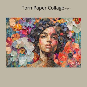 Könnte beinhalten: Ein farbenfrohes Papier-Collage aus zerrissenem Papier, das das Gesicht einer Frau mit Blumen zeigt, die sie umgeben. Die Collage besteht aus verschiedenen Farben und Texturen von Papier, was einen einzigartigen und künstlerischen Effekt erzeugt.
