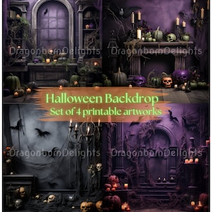 Puede incluir: Cuatro imágenes de fondo digital de Halloween que presentan un escenario espeluznante, oscuro y misterioso con una chimenea, velas, calabazas, calaveras y murciélagos. Los fondos son perfectos para crear un ambiente festivo y misterioso para tus fotos de Halloween.