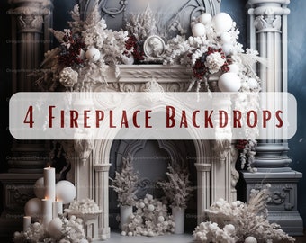 Pode incluir: Uma lareira branca com uma lareira decorativa e um arranjo floral branco e cinza. A lareira é cercada por pilares brancos e uma parede cinza. O texto "4 FIREPLACE BACKDROPS" é exibido em letras vermelhas.