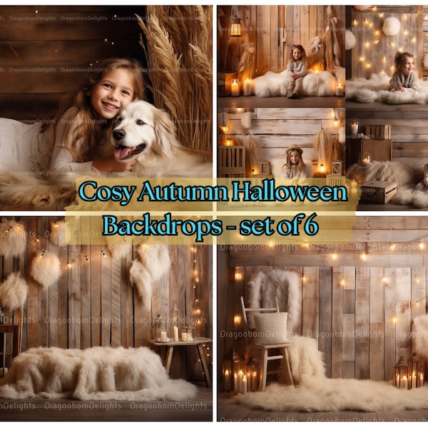 Décors d’Halloween d’automne confortables - ensemble de 6. Arrière-plans Photoshop Kids Pets