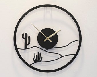 Desert and Sun Metal Wall Clock, Modern Unique Clock, Cactus Wall Clock, Black Minimalist Clock, Retro Wall Clock, Farmhouse Wall Clock