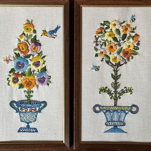 Vintage Crewel Embroidery Floral Topiaries