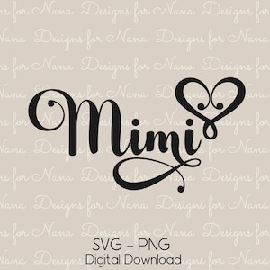 Mimi SVG PNG digitaler Download Kommerzielle Nutzung Clipart, Swirl Herz Wort Kunst Design Cut-Datei für die Personalisierung Handwerk und Geschenke für Oma